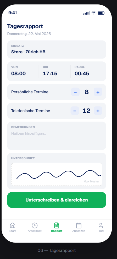 Stempl Tagesrapport mit digitaler Unterschrift