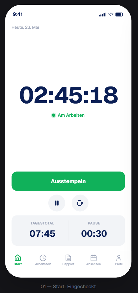 Stempl Zeiterfassung mit laufender Arbeitszeit